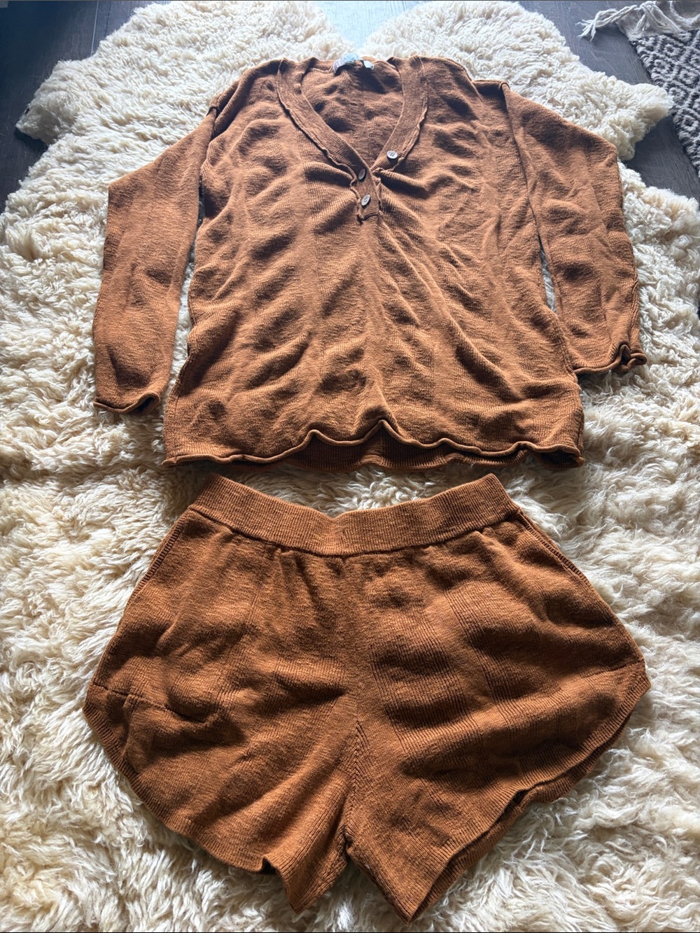Free People Rust brown Knit Lounge Top & Shorts Set